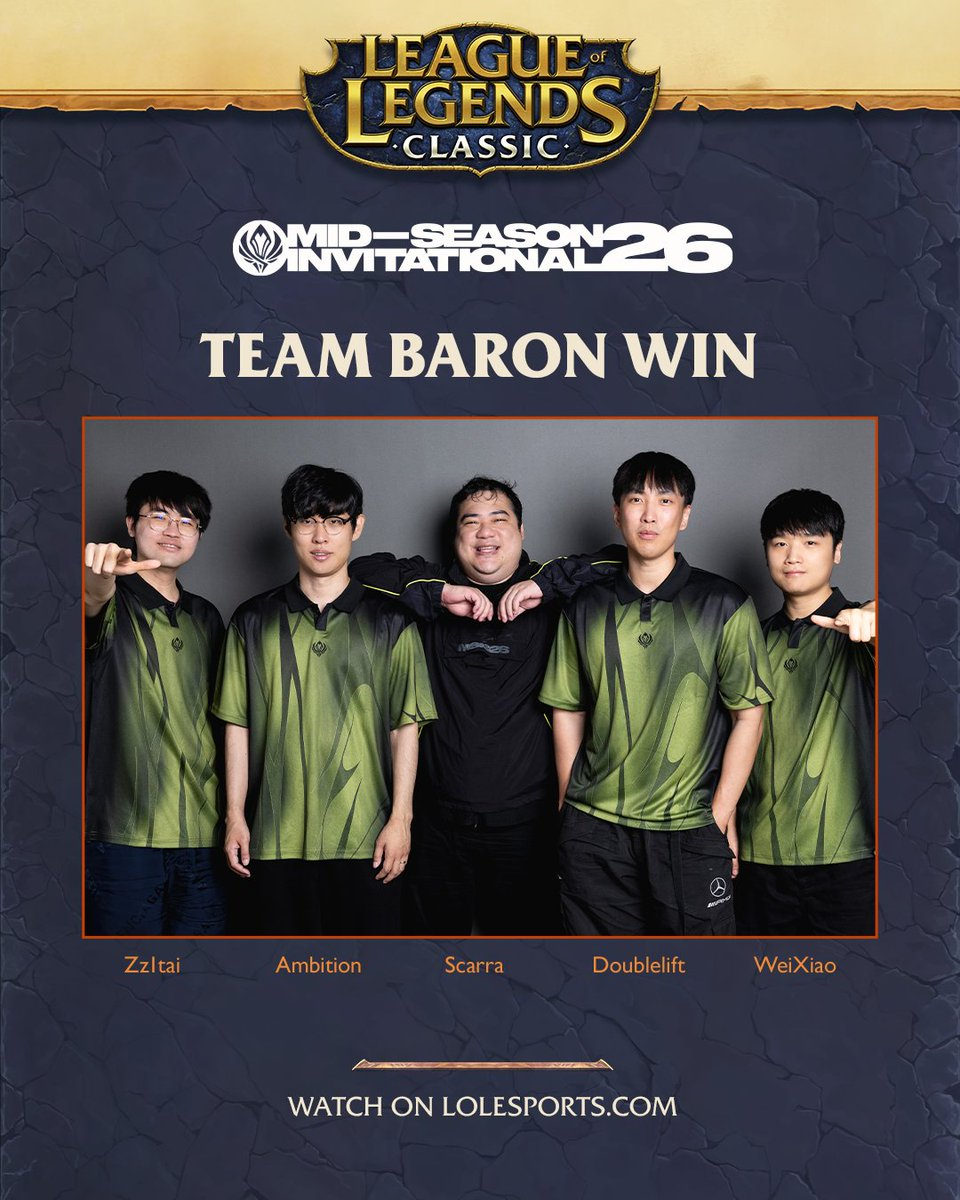 Official League of Legends Classic MSI 2026 poster confirming Team Baron as showmatch winners